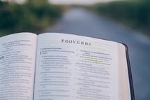 Bible opened to Proverbs outdoors 