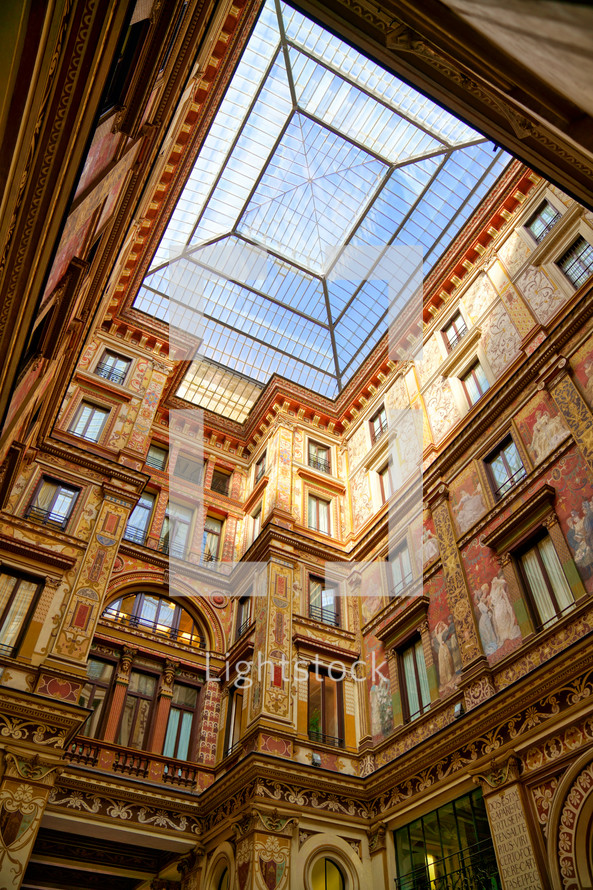 skylight Window and Colourful Facade at Galleria Sciarra in Rome, Italy