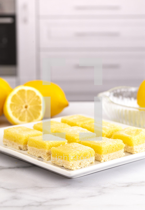 Batch of Lemon Bars on a Square Dish on the Kitchen Counter