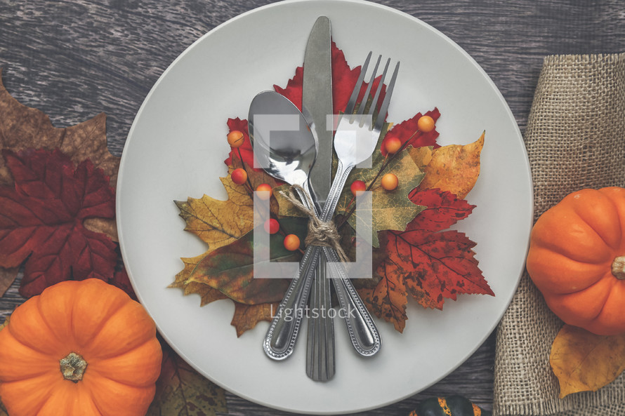 silverware on a plate with fall leaves place setting 