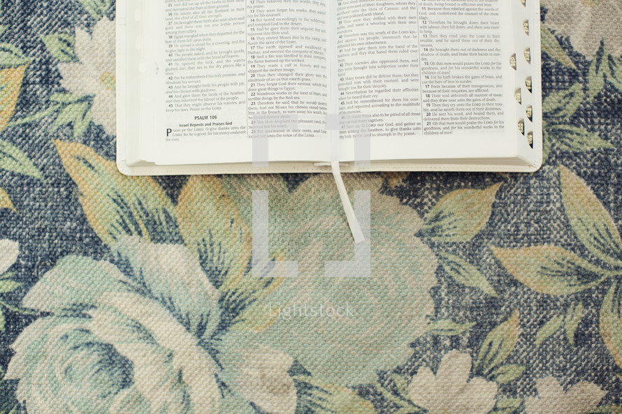 open Bible on floral fabric 