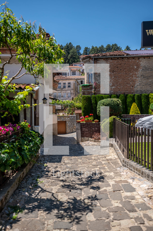 cobblestone pathway through a town 