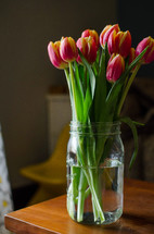 tulips in a mason jar on a table 
