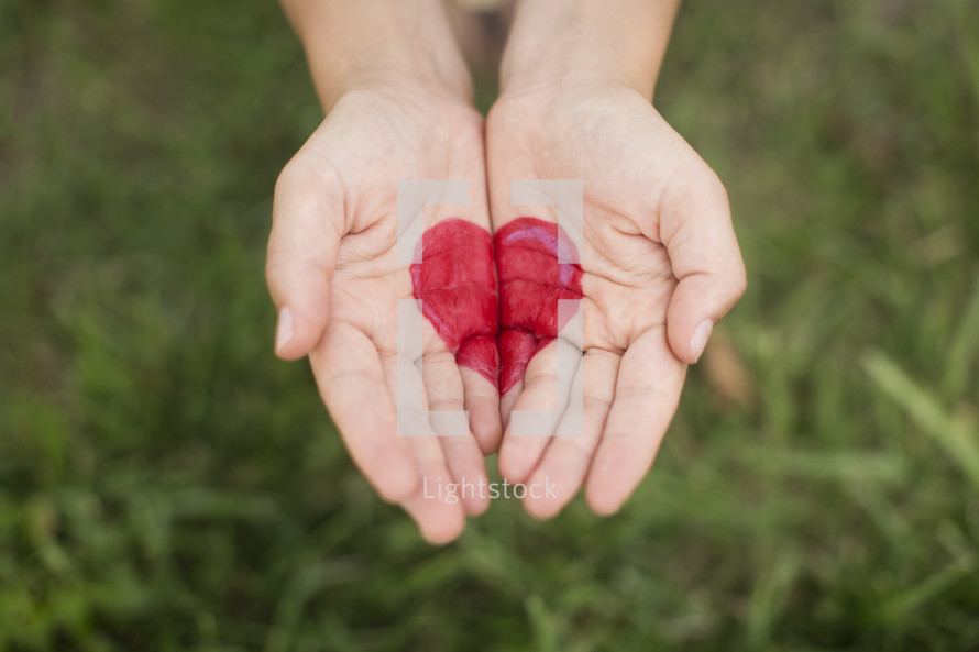 A red heart painted onto two hands extended over green grass.