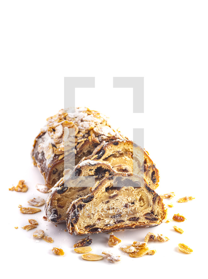 Traditional Stollen with Fruit and Almond Paste topped with Almonds