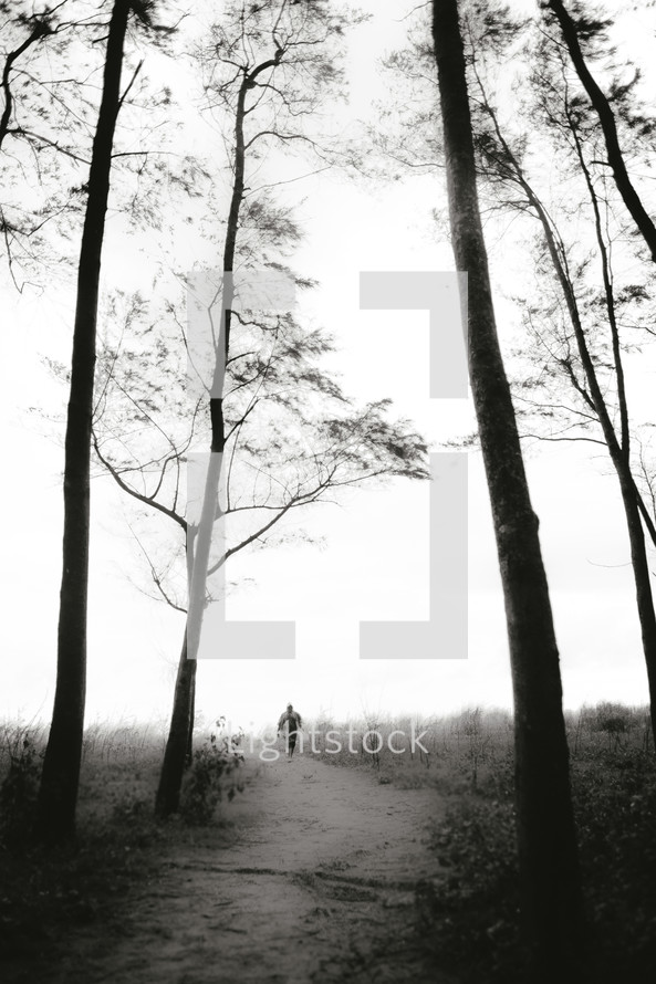 a man walking out of a foggy field 