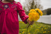 toddler girl holding picked yellow flowers 