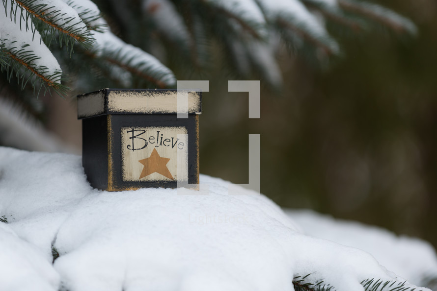 Believe box in snow 