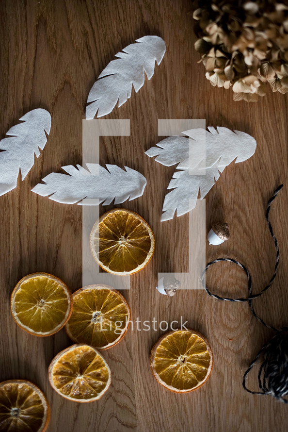 felt feathers and dried orange slices 