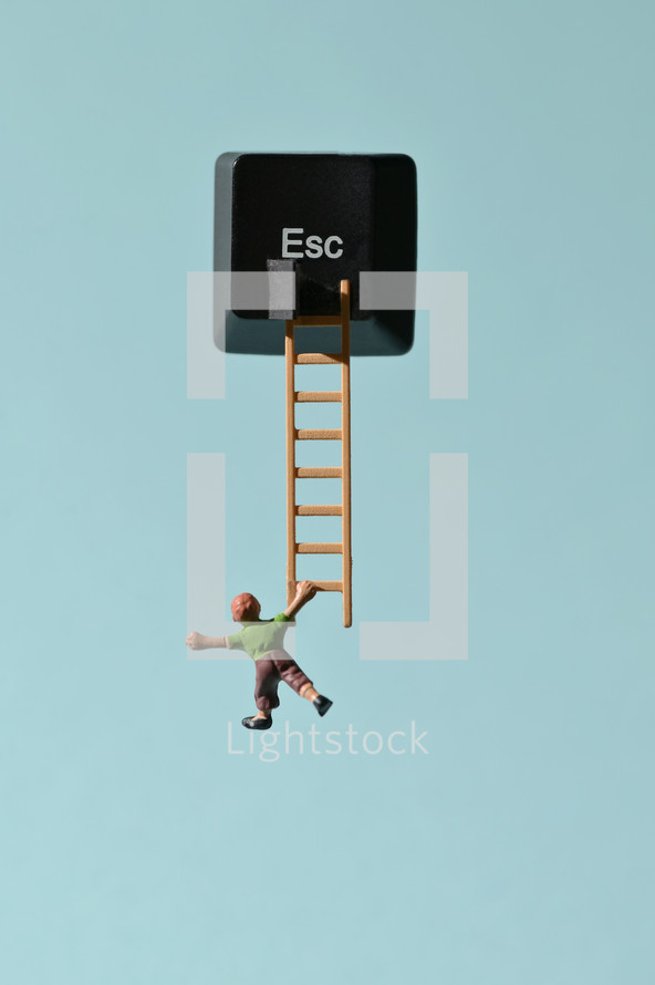 Abstract Escape Key and Miniature People Runaway on Ladder