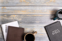coffee and Bibles on a wood background 