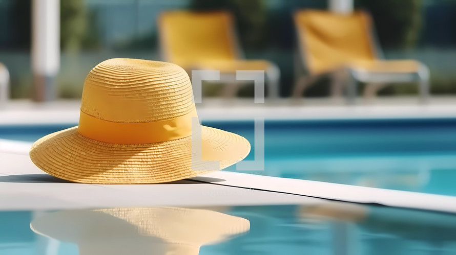 Straw hat on the marble edge of a swimming pool in Esate. AI Generative