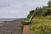 benches along a shore 