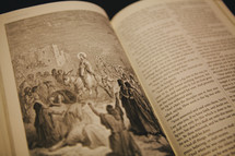 Open Bible with a lithograph drawing.