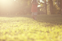 toddler girl walking in the grass at sunset.
