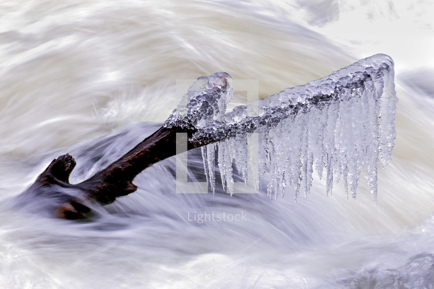 icy branch in flowing water 