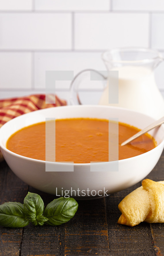Bowl of Homemade Cream of Tomato and Basil Soup