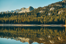 A mountain and trees reflecting on a lake.
