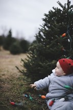 infant in a Christmas tree lot 