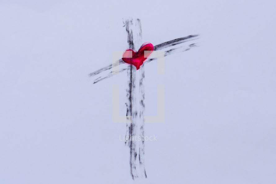Cross drawn with Ashes with red watercolor heart in center for Ash Wednesday 