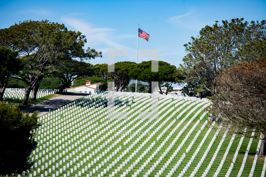 American flag and cemetery 