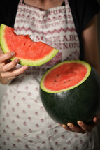 Woman Holding Slice Of A Red Watermelon in Studio