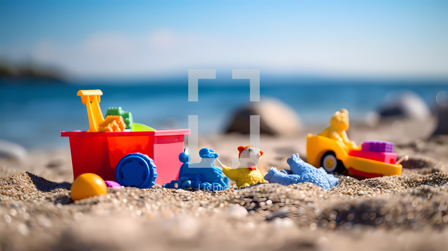 Plastic toys on a sandy beach in summer. AI Generative