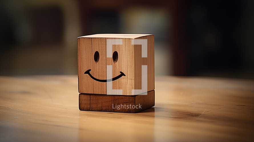 Wooden block with a positive smiling face. 