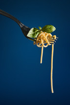 Abstract Closeup Spaghetti Pasta on Fork and Basil leaf