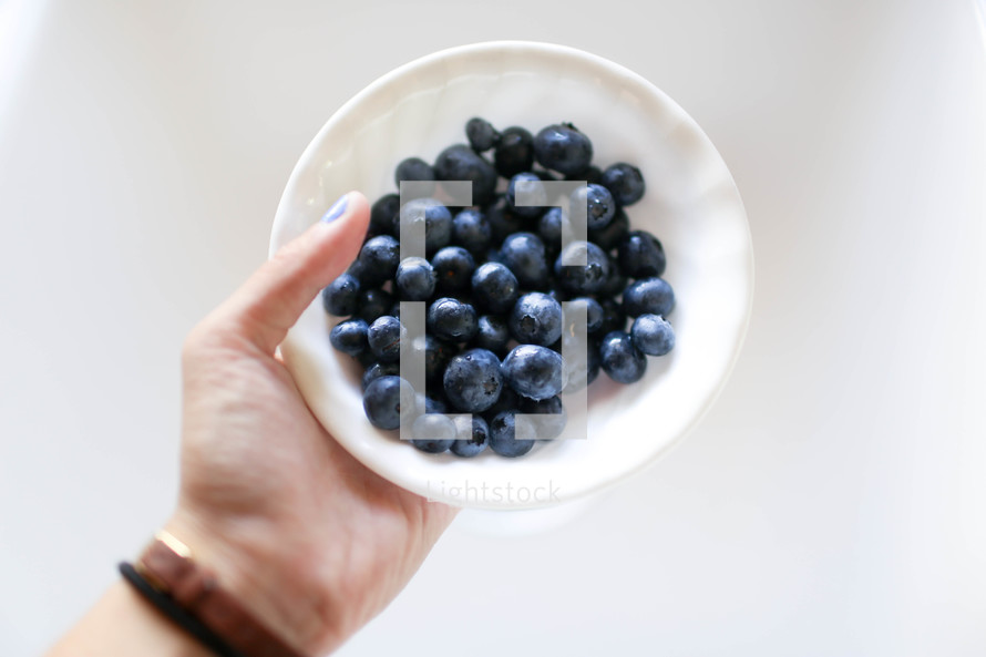 hand holding a bowl of blueberries 