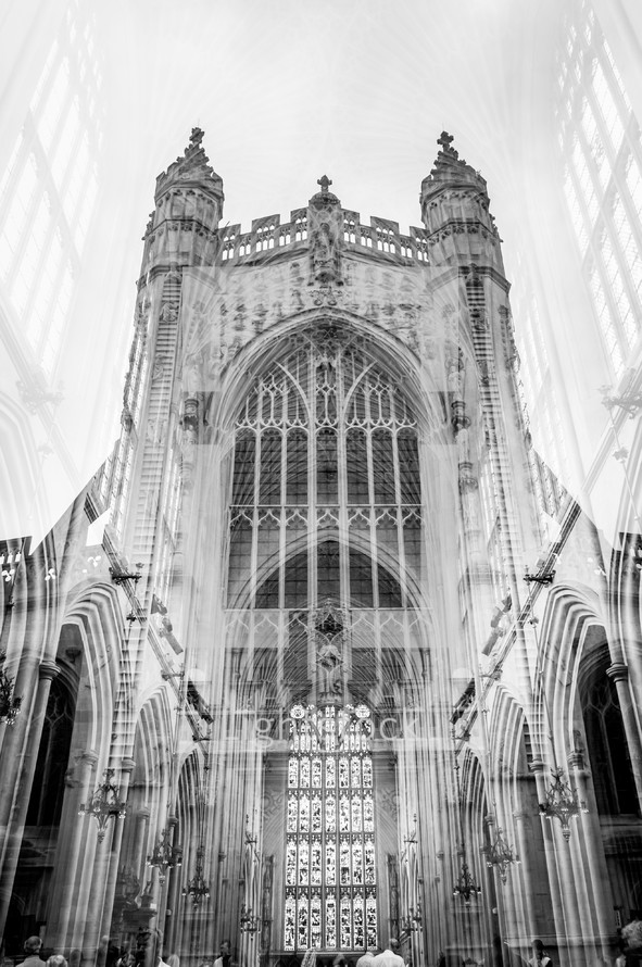 double exposure interior and exterior of a grand cathedral 
