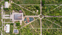aerial view over a school and playground 