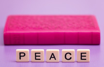 word peace beside a pink Bible 