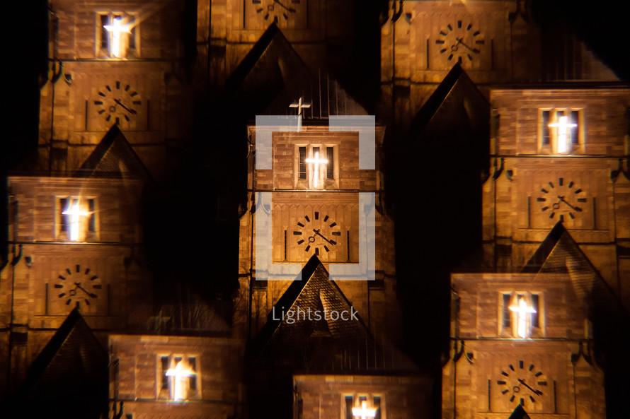 Church tower with glowing cross pattern 