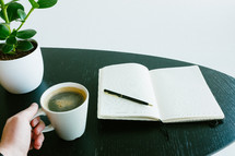 coffe, pen, journal, house plant, table 