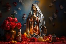 Blessed Mother Mary with red roses and candles on dark background