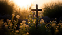 Cross in flowers on the sunset
