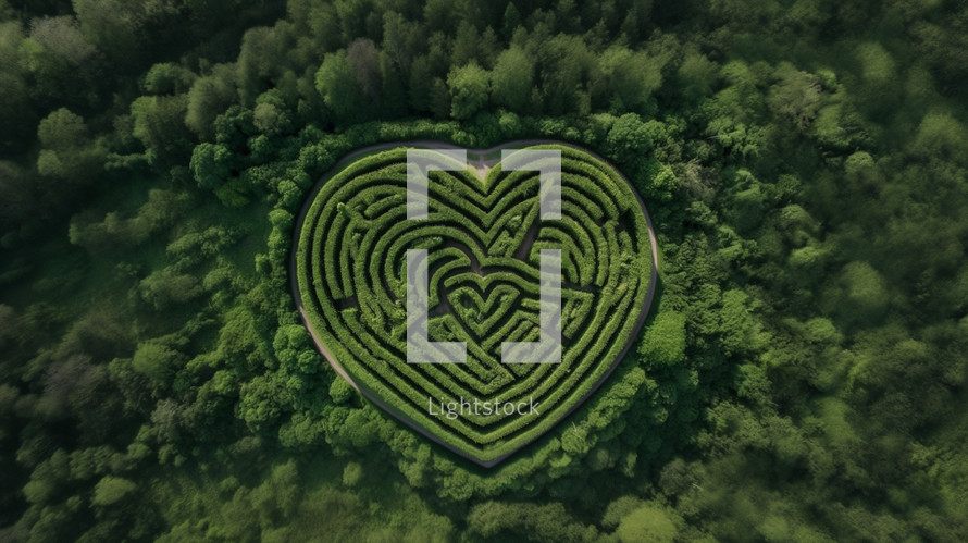 Green hedge maze in the shape of a heart. 