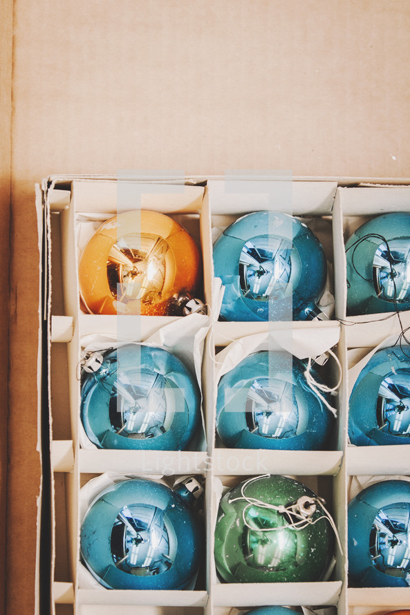 vintage Christmas ornaments in a box