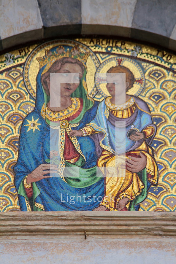 Mosaic tile art of mother Mary and baby Jesus 