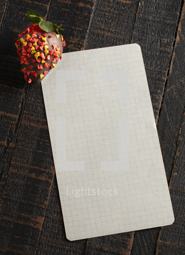chocolate covered strawberries with sprinkles and blank piece of paper 