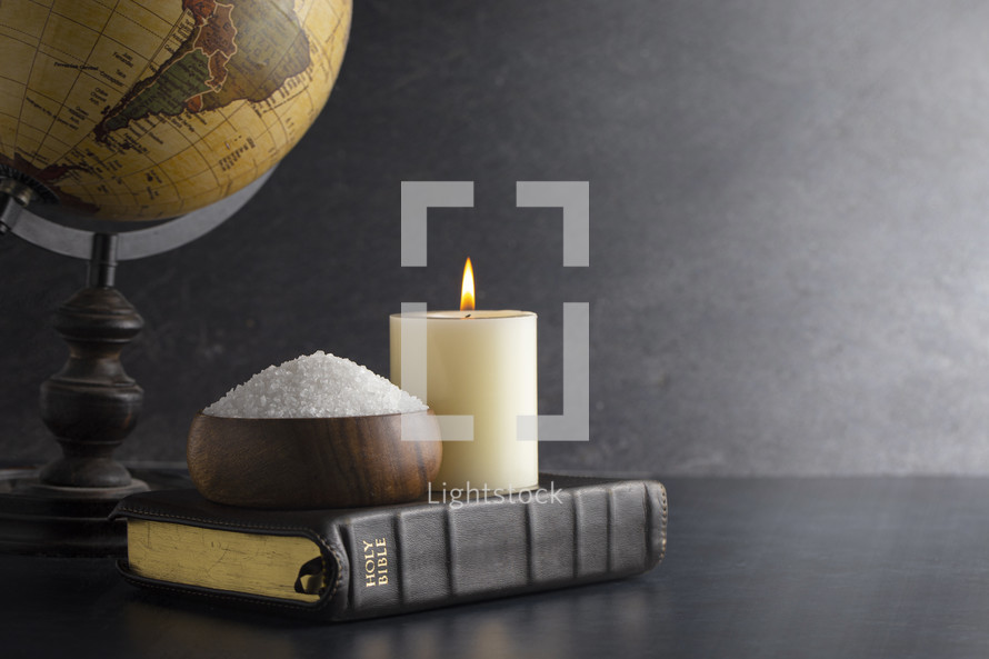 globe, Bible, candle and salt 