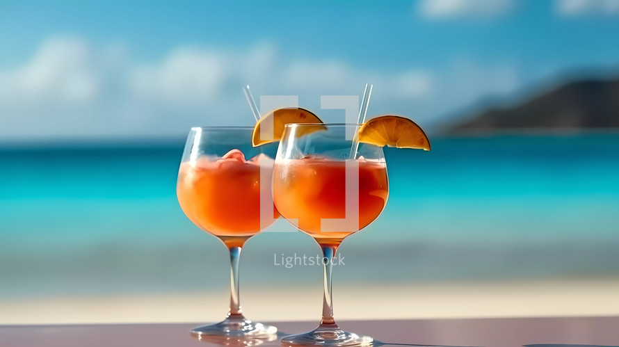 Drink Glass of Cocktail for a Party on a Sandy Sea Beach in Summer. AI Generative