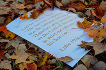 Paper with Luke 10:2 in Autumn Leaves