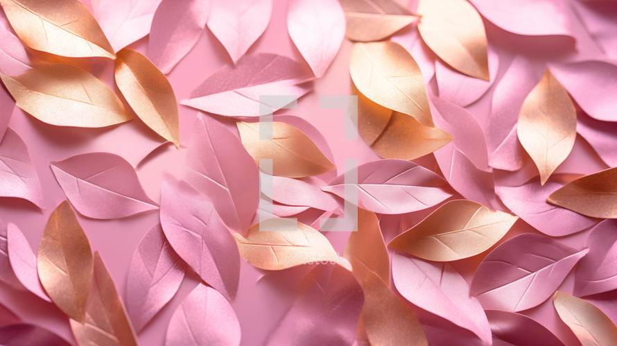 Gold and pink leaves on pink background.