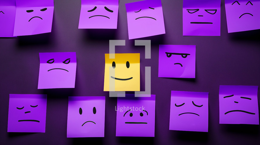 Upset faces with one smiling face drawn on sticky notes. 