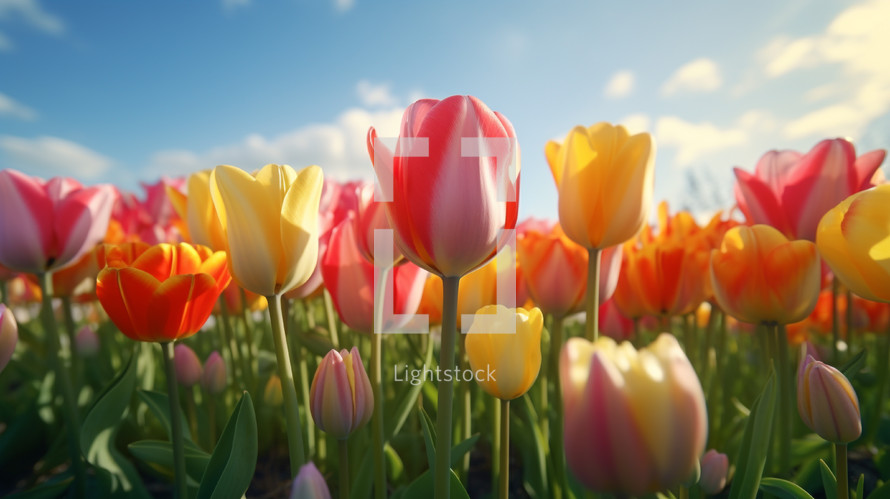 Field of colorful tulip flowers with a blue sky. 