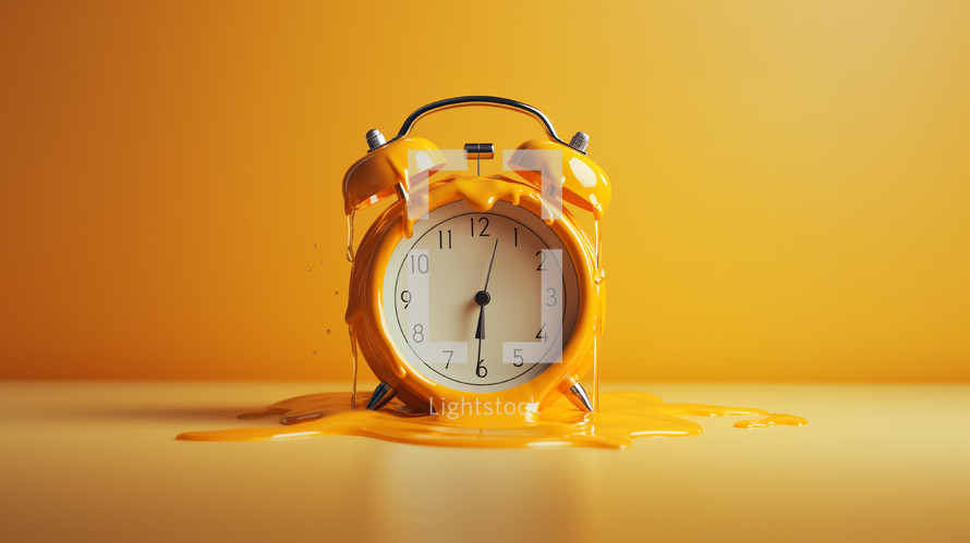Melting clock on yellow background. Running out of time. 