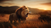 Roaring lion in a field. 