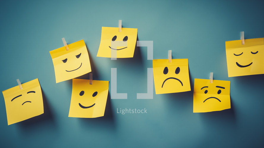 Mixed emotions drawn on yellow sticky notes on a blue background. 